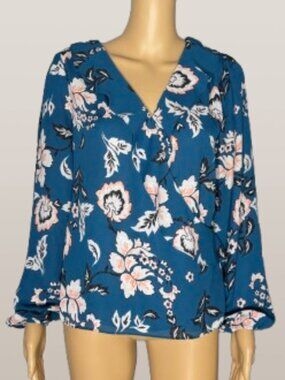 White House Black Market Teal Floral Faux Wrap-Front Blouse XS
